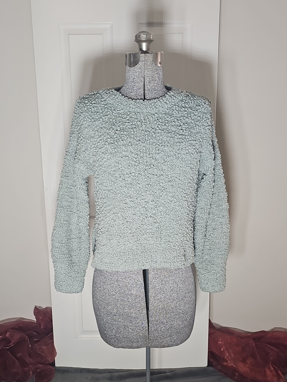 Pink Rose Sage Green Fuzzy Textured Boucle Chunky Knit Sweater Size M